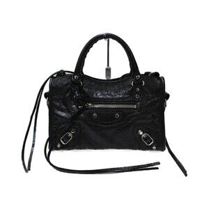 BALENCIAGA City Leather Black Handbag Shoulder Bag Strap Mirror